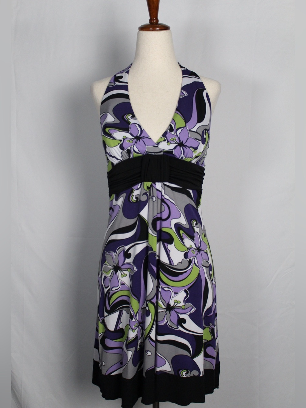 y2k 2000s Speechless Purple, Black and Green Floral Halter Mini Dress